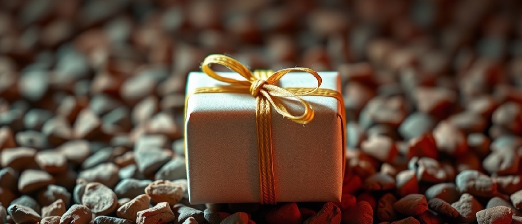 A ribboned gift box sitting among scattered clay chips