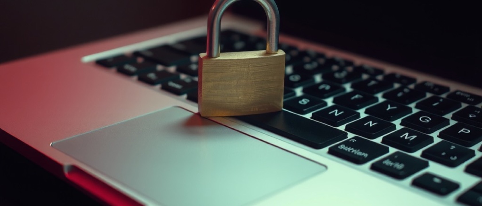A brass padlock resting on a laptop keyboard