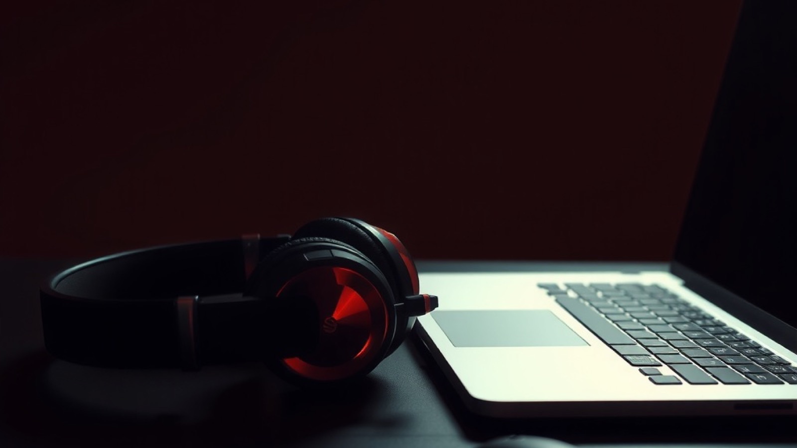A headset lying on a desk beside an open laptop