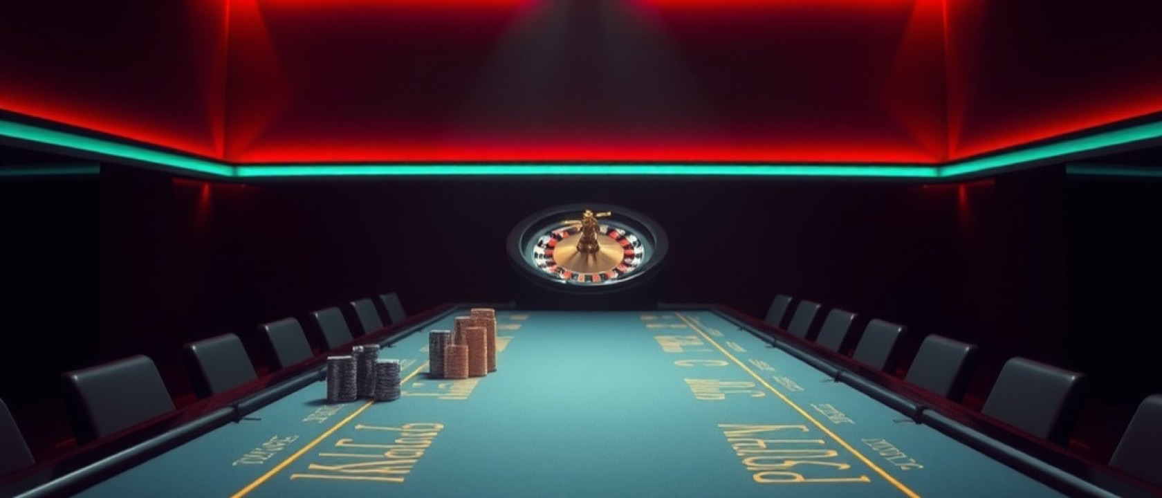 A long row of clay chip stacks on dark felt with a roulette wheel behind