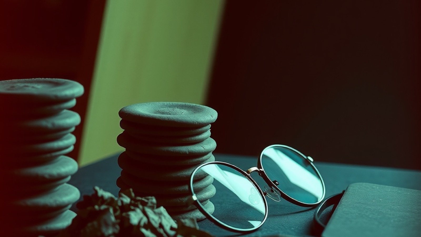 Reading glasses and a pen lying beside neat stacks of clay chips