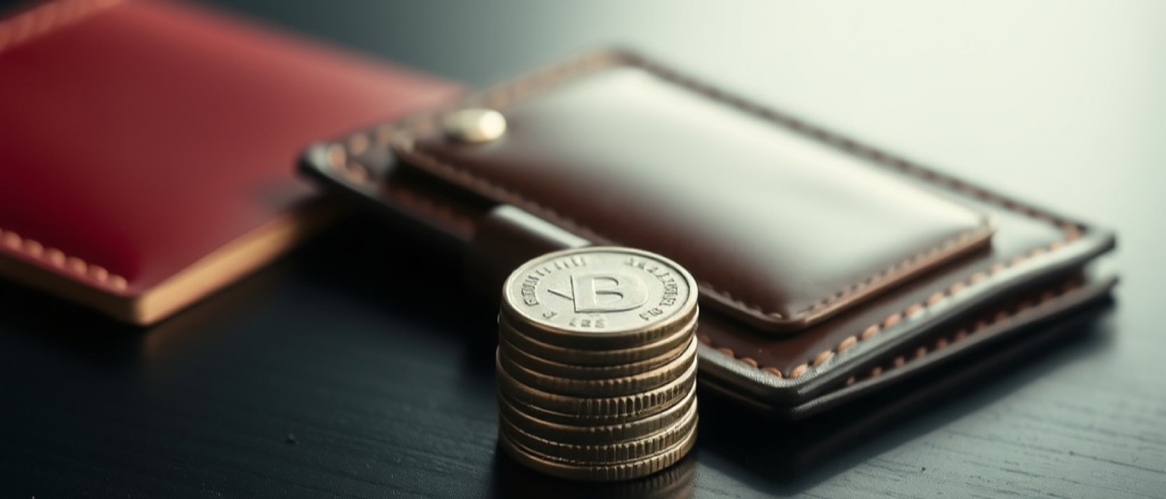 A small stack of coins beside a closed leather wallet