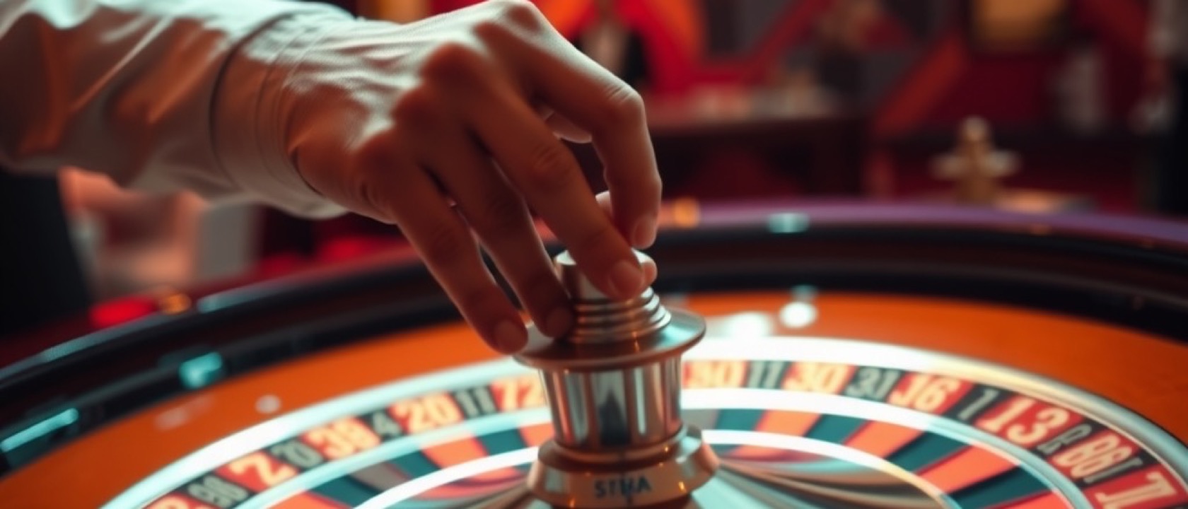 A croupier's hand spinning a roulette wheel