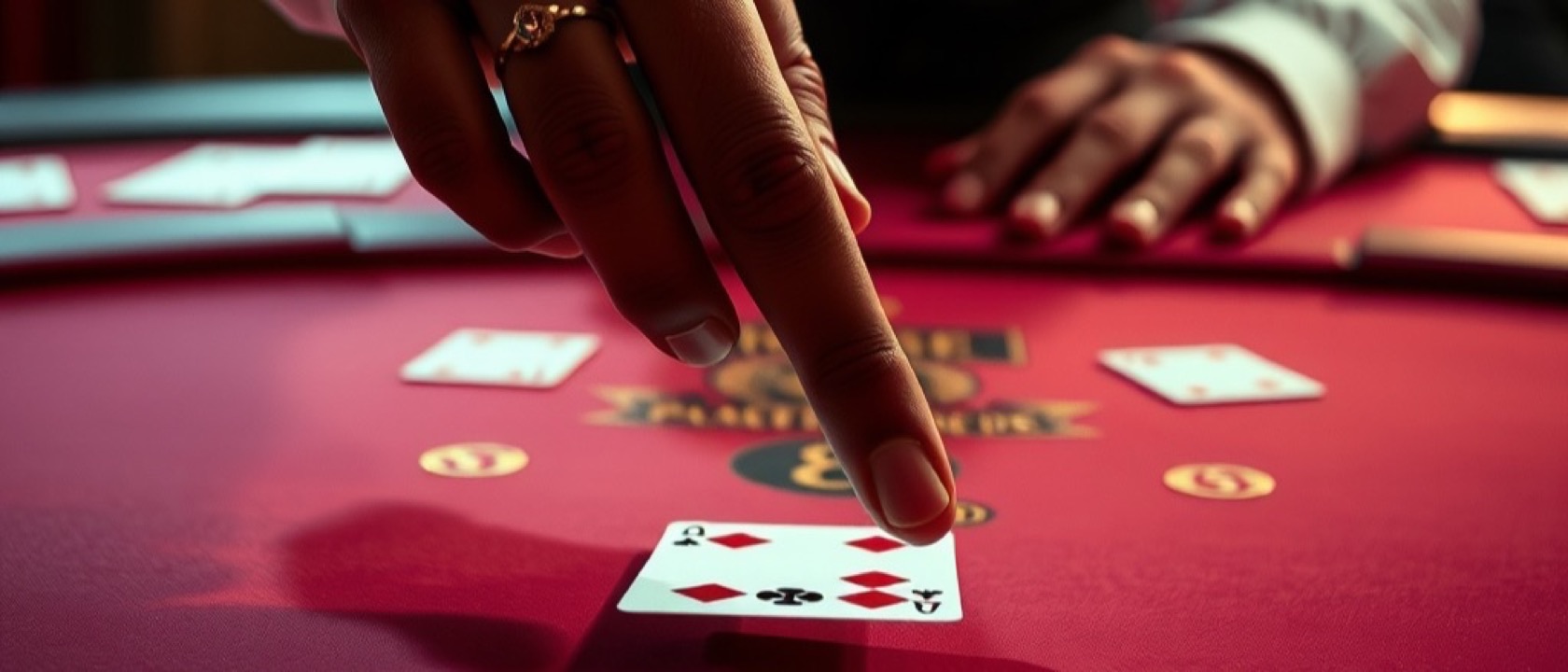 A croupier sliding two cards across a blackjack table