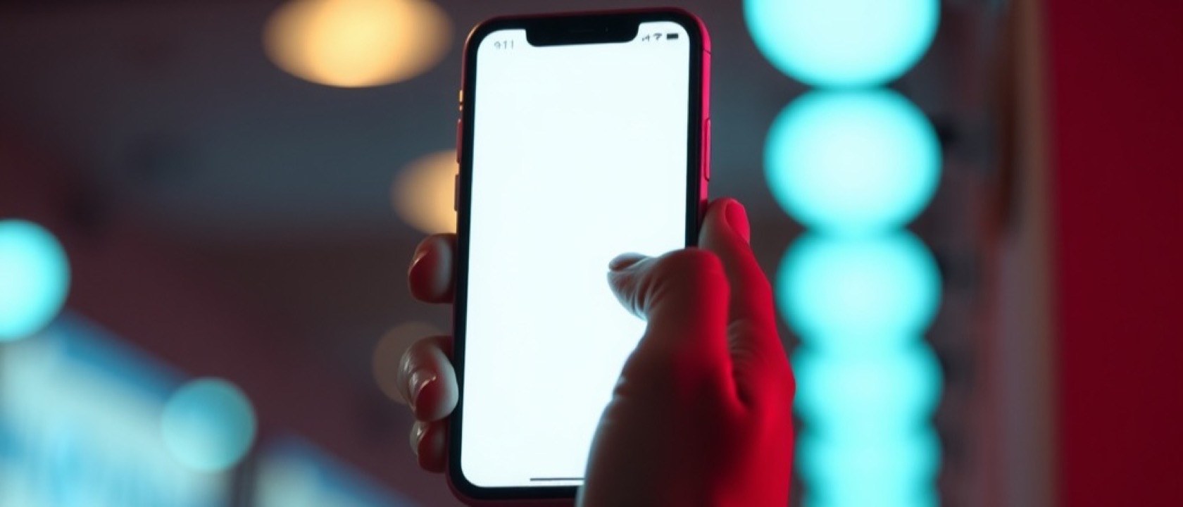 A hand holding a smartphone whose bright screen lights the fingers