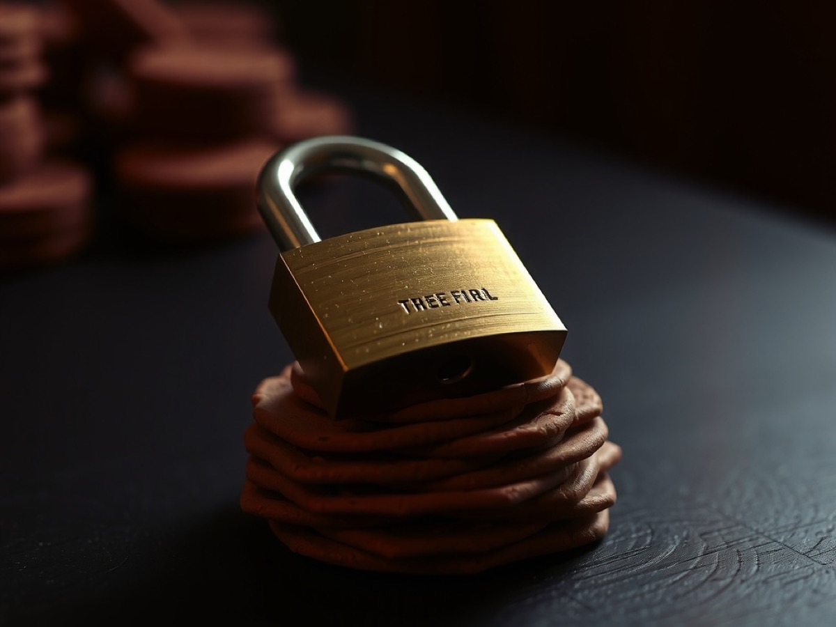 A brass padlock resting on a stack of clay chips