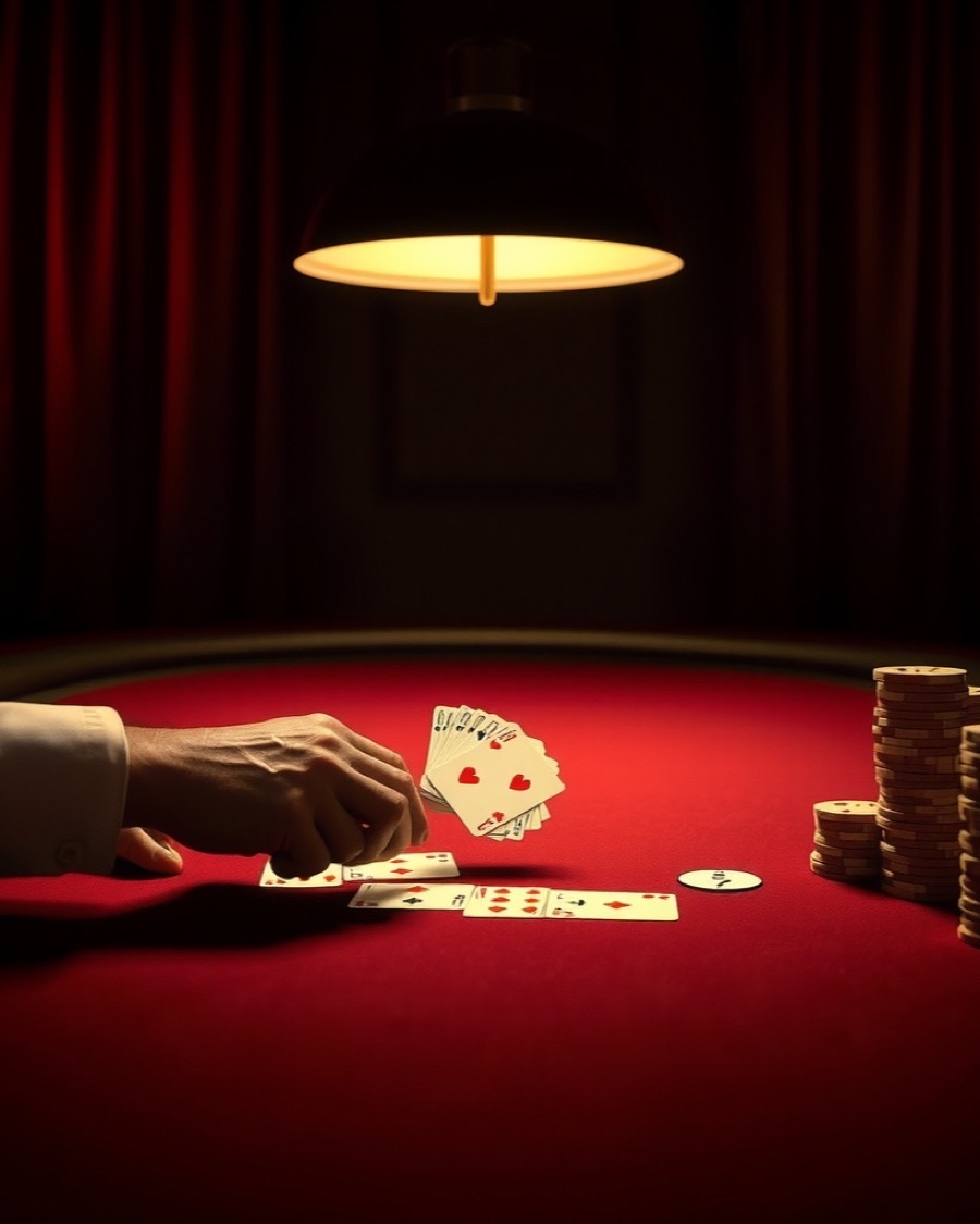 A croupier's hands dealing cards across a baize table beside stacks of chips