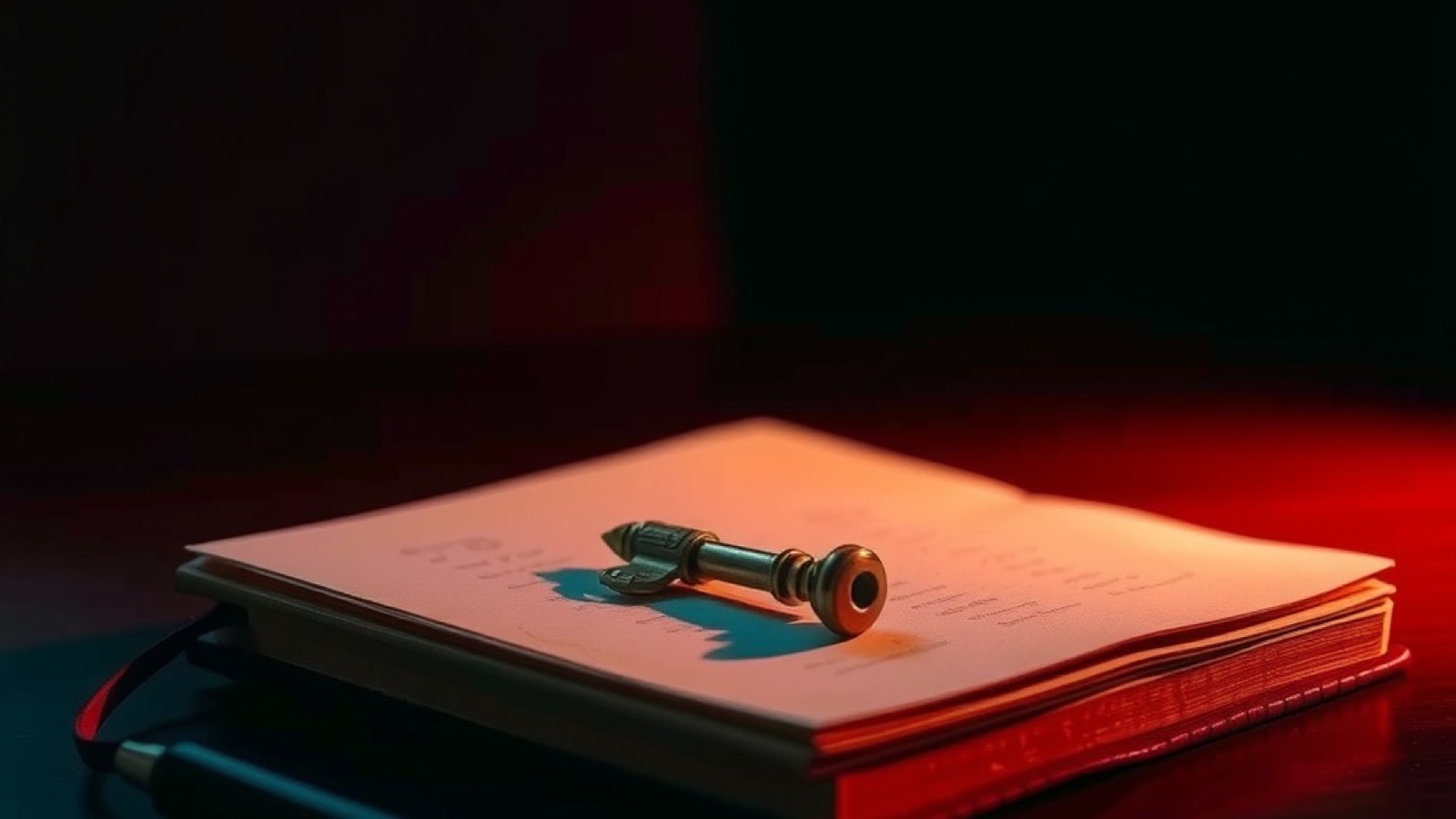 A small brass key resting on a closed notebook