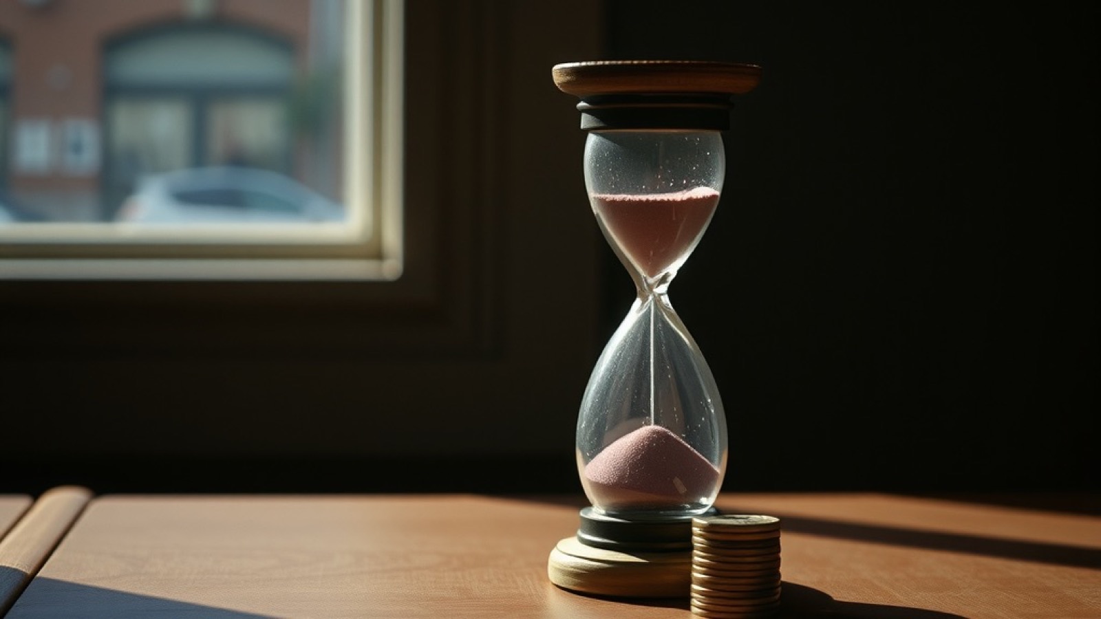 An hourglass standing beside a small stack of coins