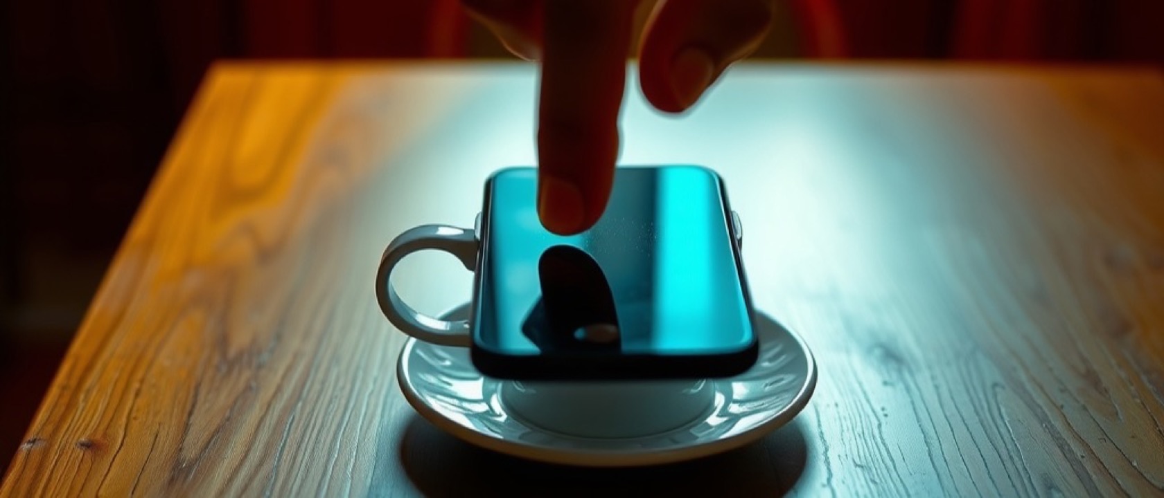 A hand placing a smartphone face down beside a cup of tea