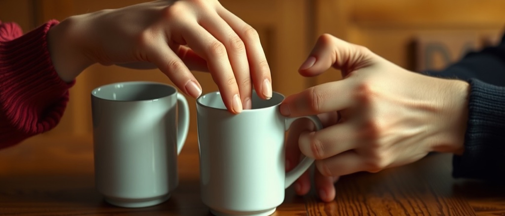 Two people's hands resting around coffee mugs on a kitchen table