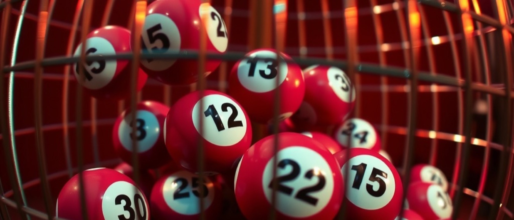 Bingo balls tumbling inside a wire cage drum
