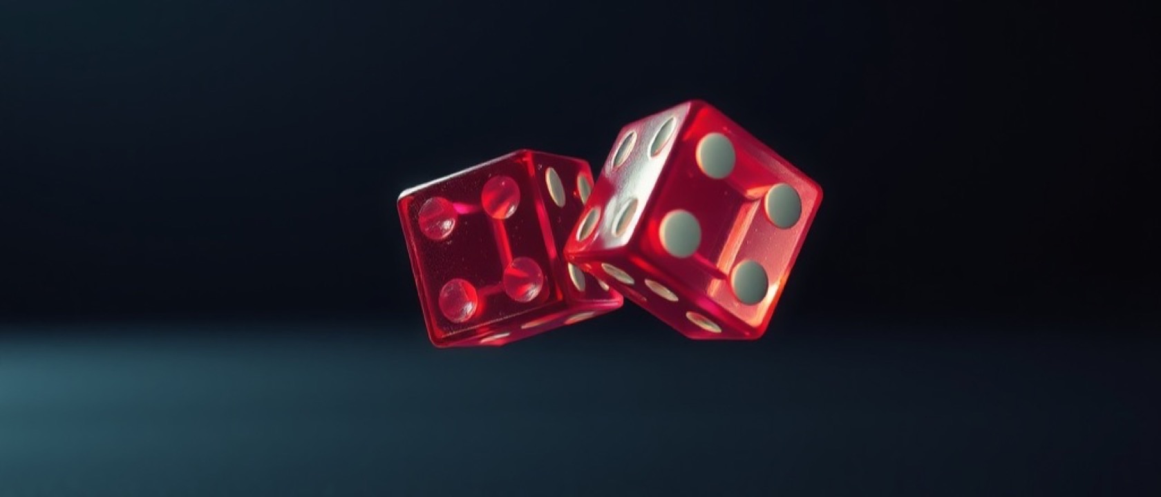 Two translucent dice frozen mid-air above a dark table