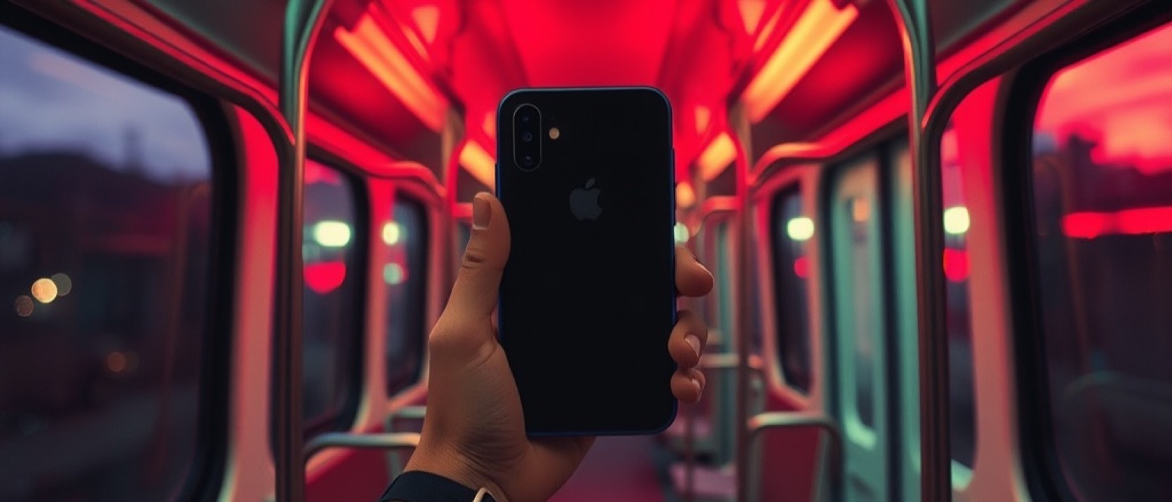 A hand holding a smartphone upright on a tram at dusk