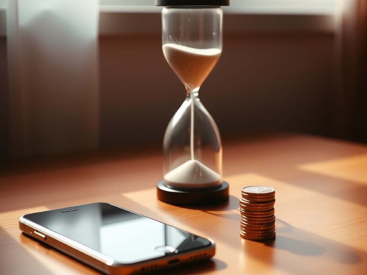 An hourglass beside a face-down smartphone and a small stack of coins