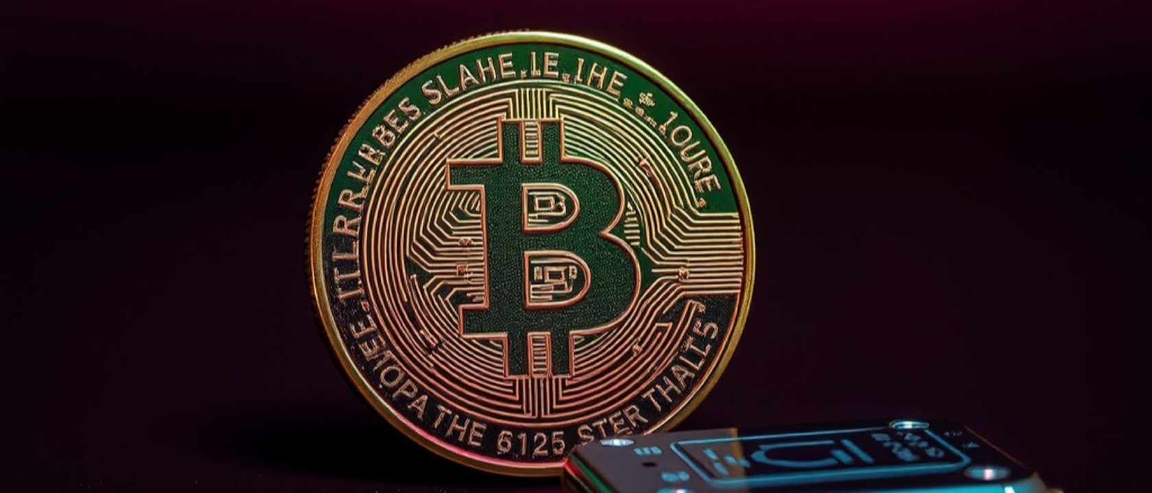 A circuit-engraved coin beside a hardware wallet device