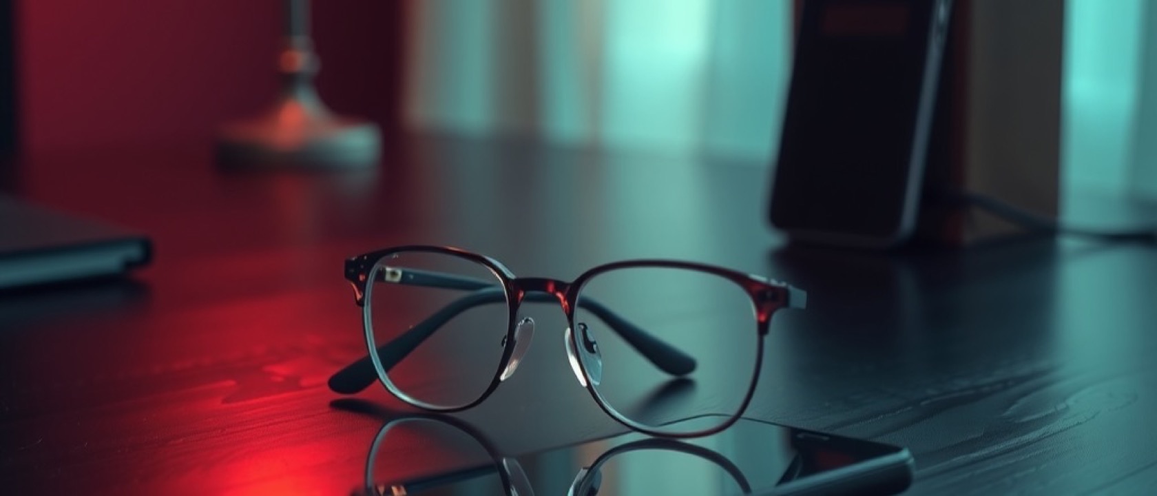 A pair of reading glasses lying on a dark desk beside a smartphone