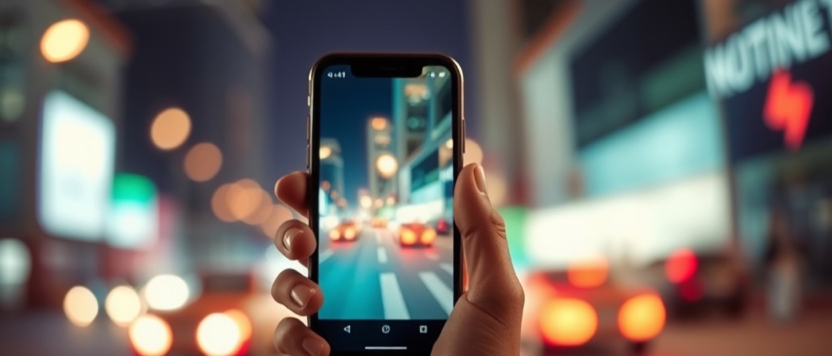 A hand holding a smartphone at night with city lights behind