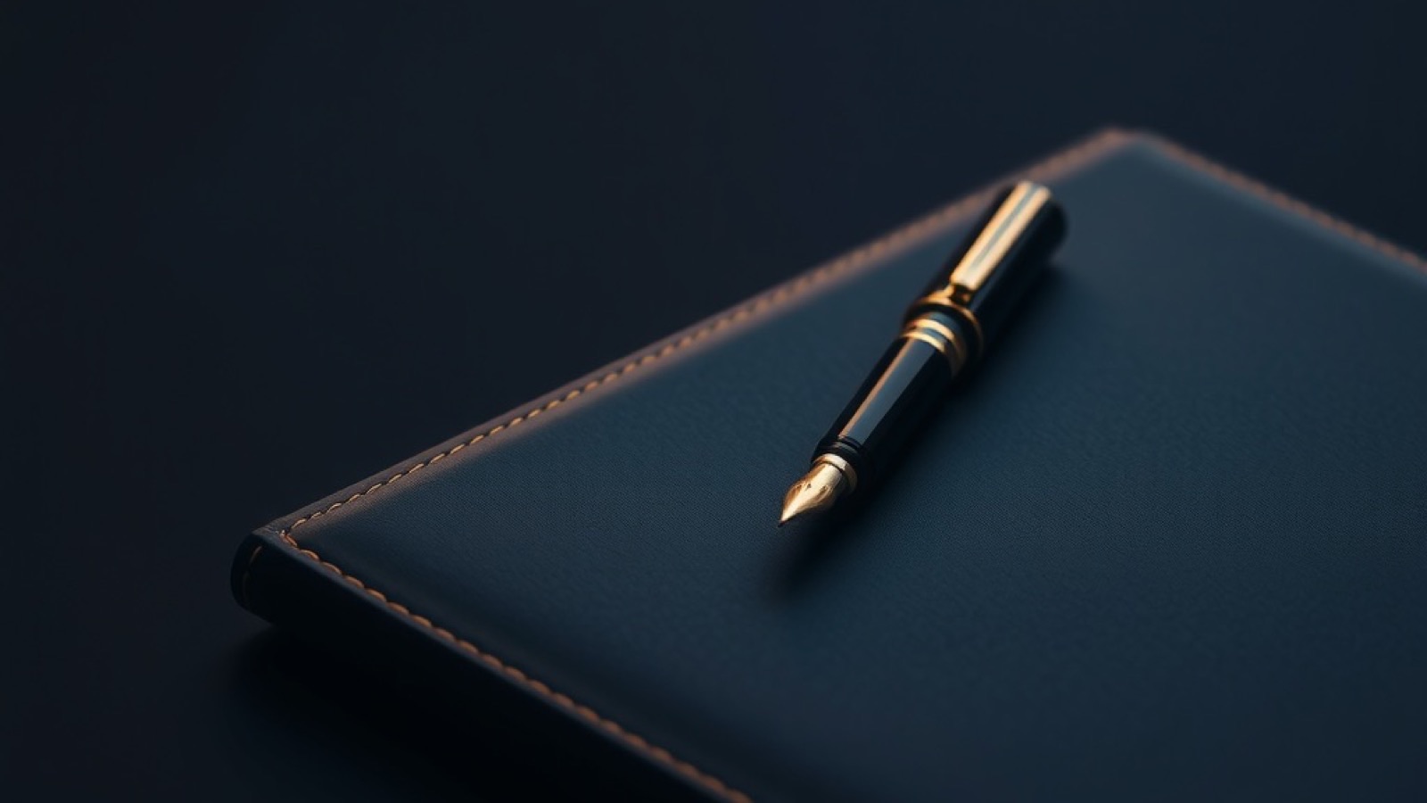 A fountain pen resting on a closed leather folder