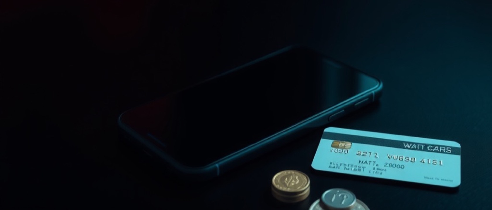 A smartphone on a dark table beside a bank card and a few coins