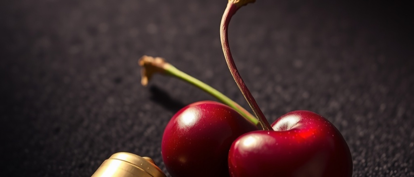 Two cherries and a small brass bell lying on dark felt