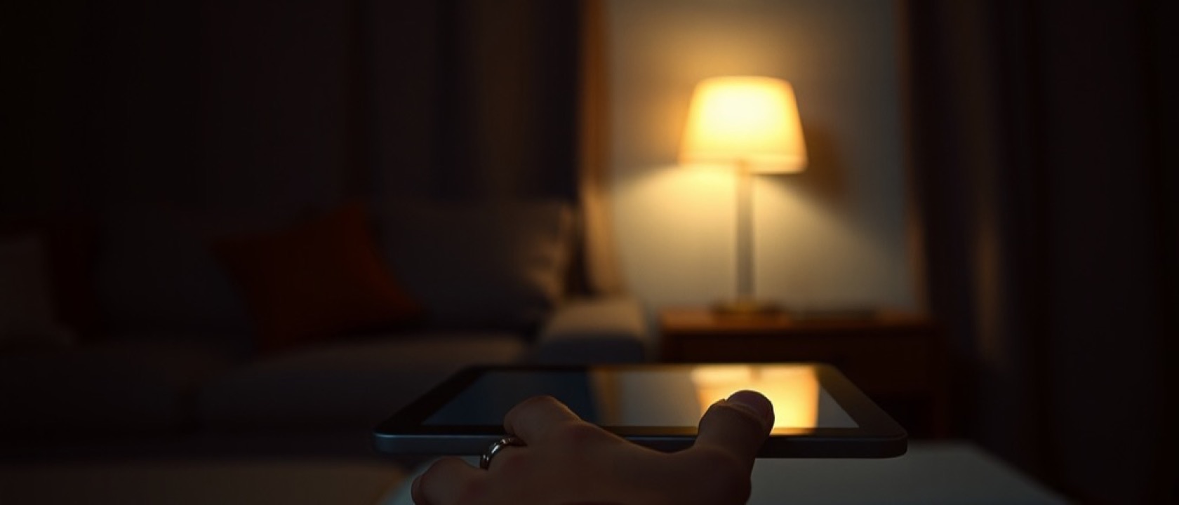 A hand tapping a tablet in a dim living room